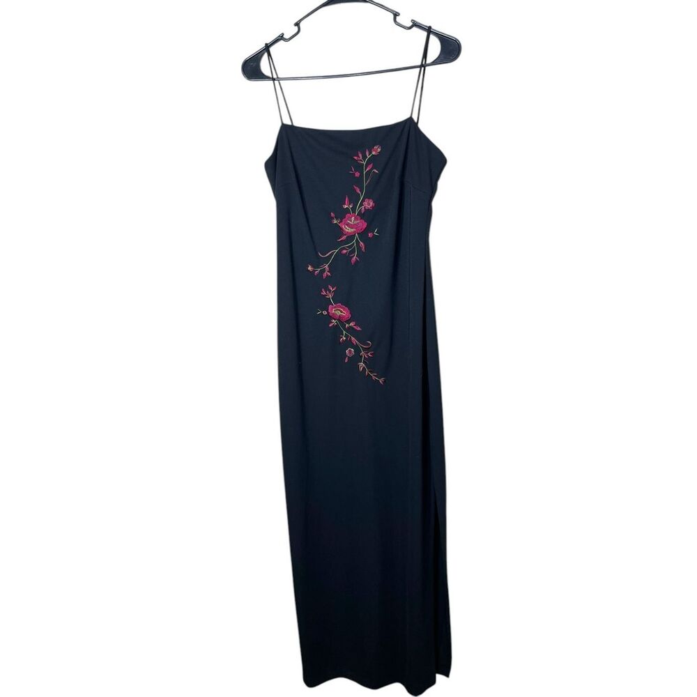 Vintage Arianna By Rachel Kaye Y2K Black Maxi Gown Embroidered Flowers‎ Size 10
